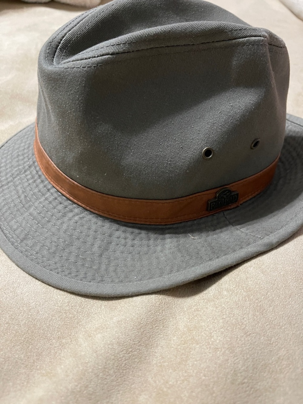 RedHead Gray Canvas Fedora with Brown Leather Band